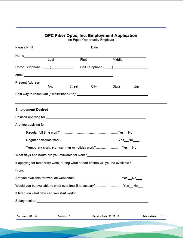 blank employment application template