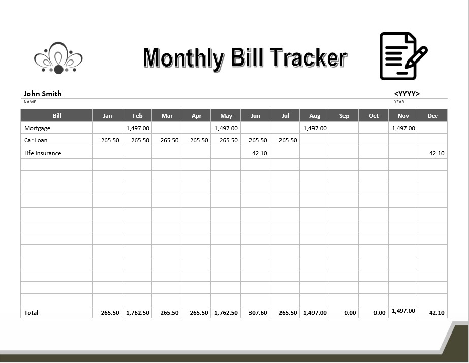 Printable Monthly Bill Organizer Tracker