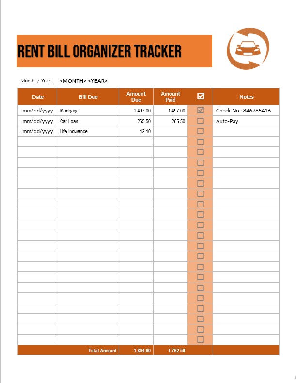 Rent Bill Organizer Tracker Template