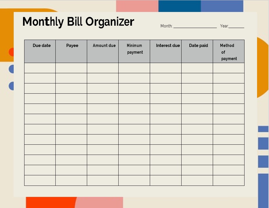 template monthly bill organizer