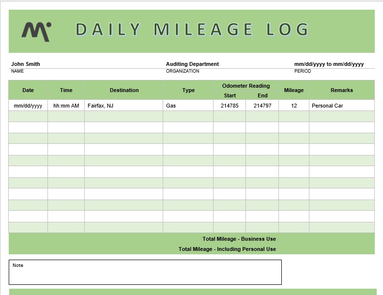 Daily Mileage Log Template