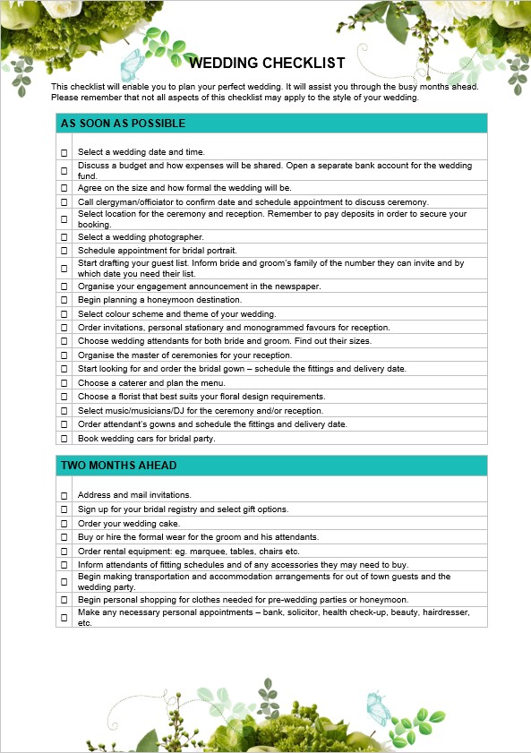 Printable Wedding Checklist Template