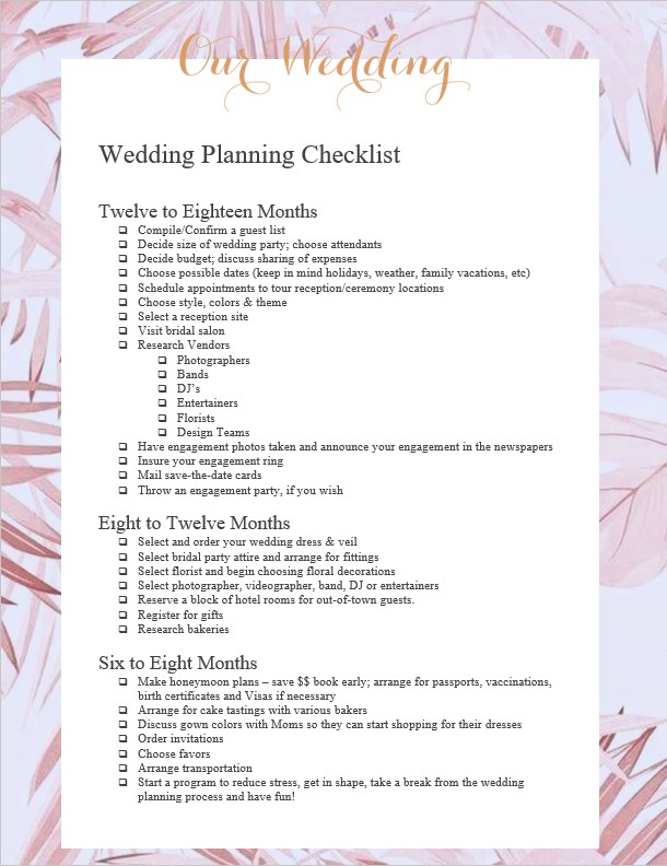 Sample Wedding Planning Checklist Template