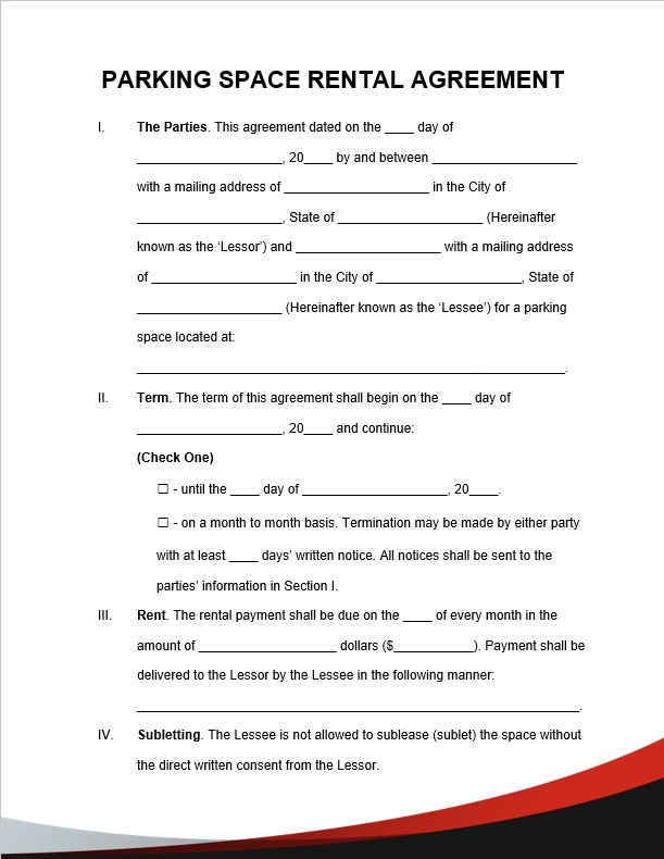 parking space rental agreement template