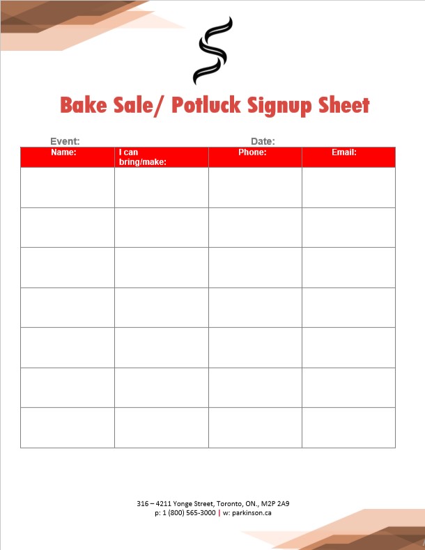 Bake Sale Potluck Signup Sheet