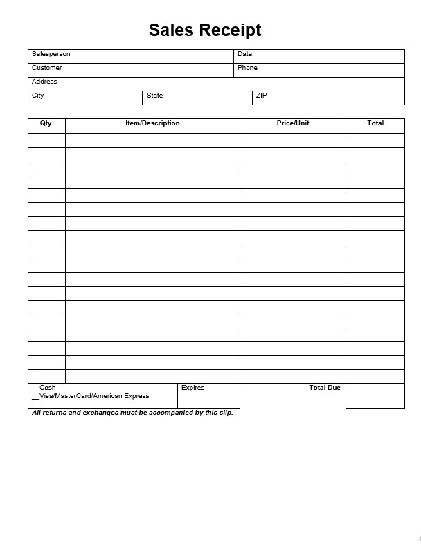 Blank Printable Sales Receipt Form
