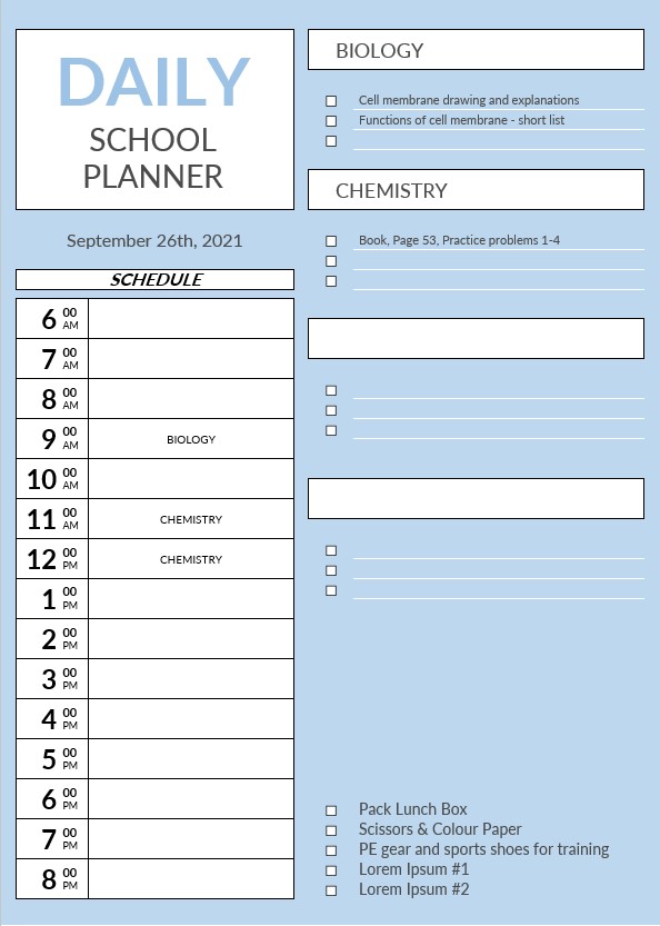 Daily School Planner Template