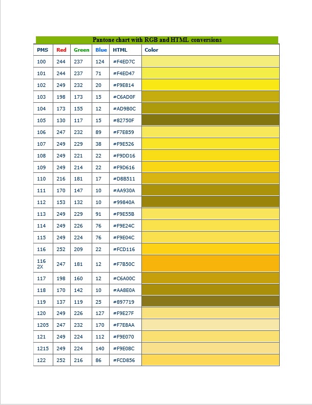 general pantone color chart template