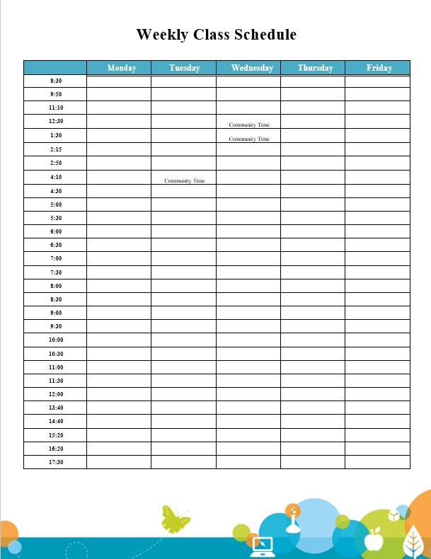 Printable Weekly Class Schedule Template