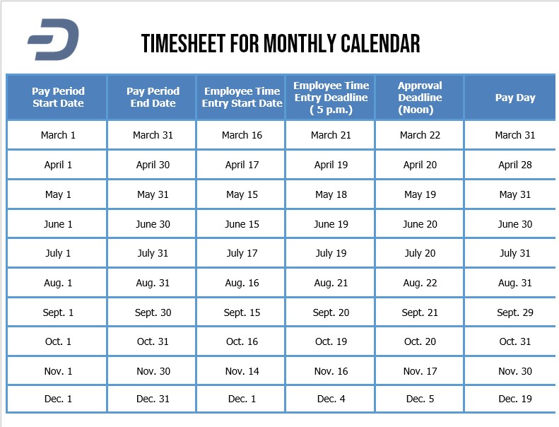Timesheet for Monthly Calendar