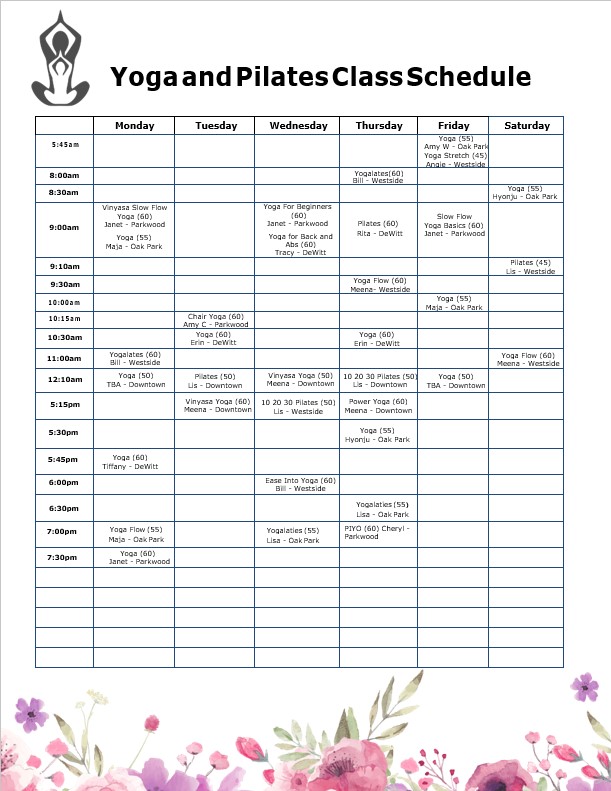 Yoga and Pilates Class Schedule