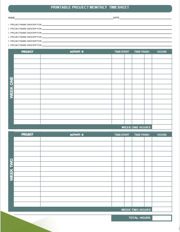 printable project monthly Timesheet