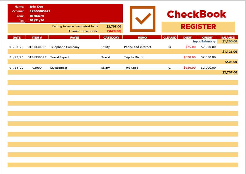 Checkbook Register Example