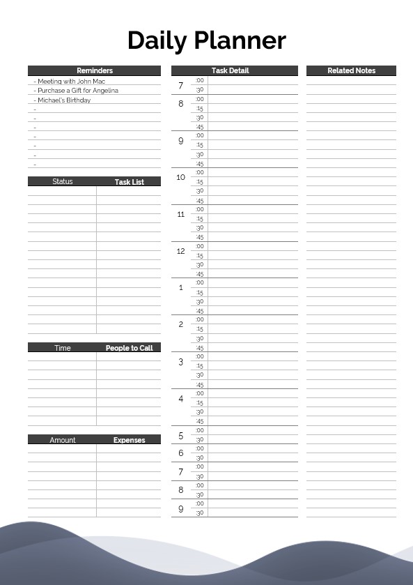 Table daily planner template