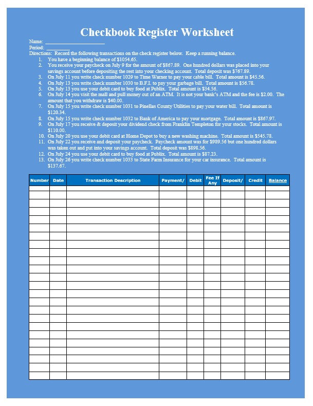 checkbook register Worksheet