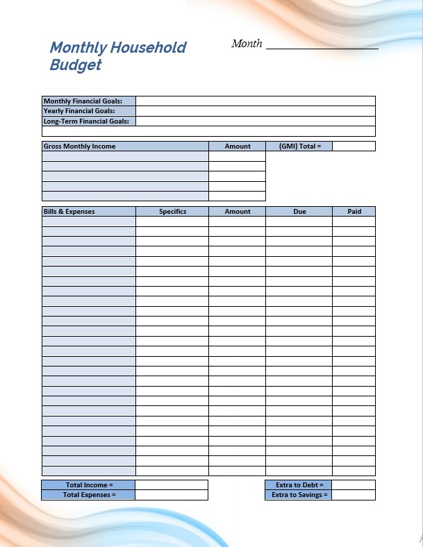 monthly household budget table