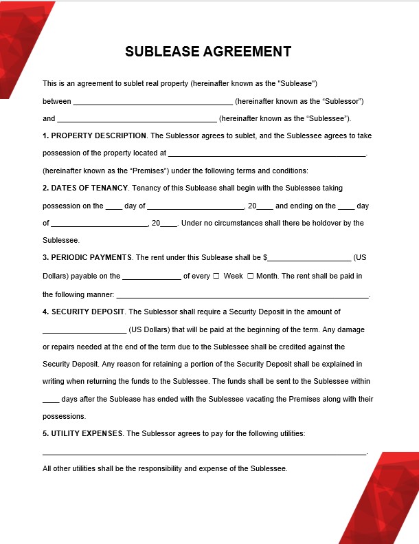 Sublease Lease Agreement