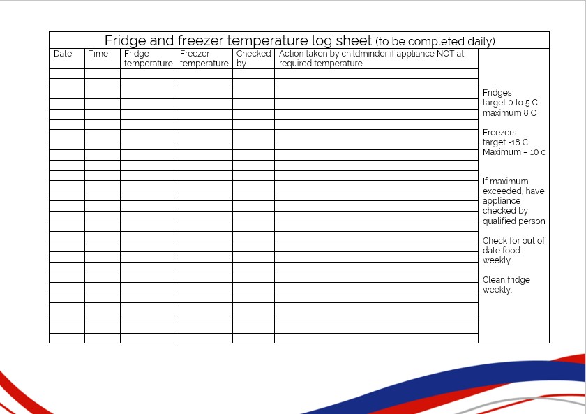 Fridge and freezer temperature log sheet
