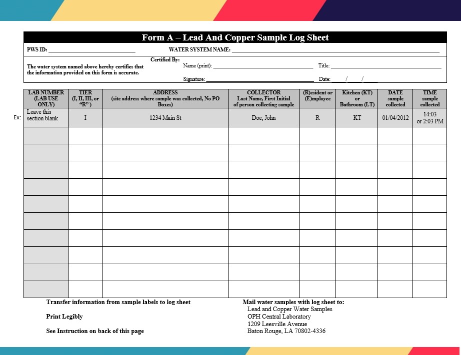 Lead And Copper Sample Log Sheet