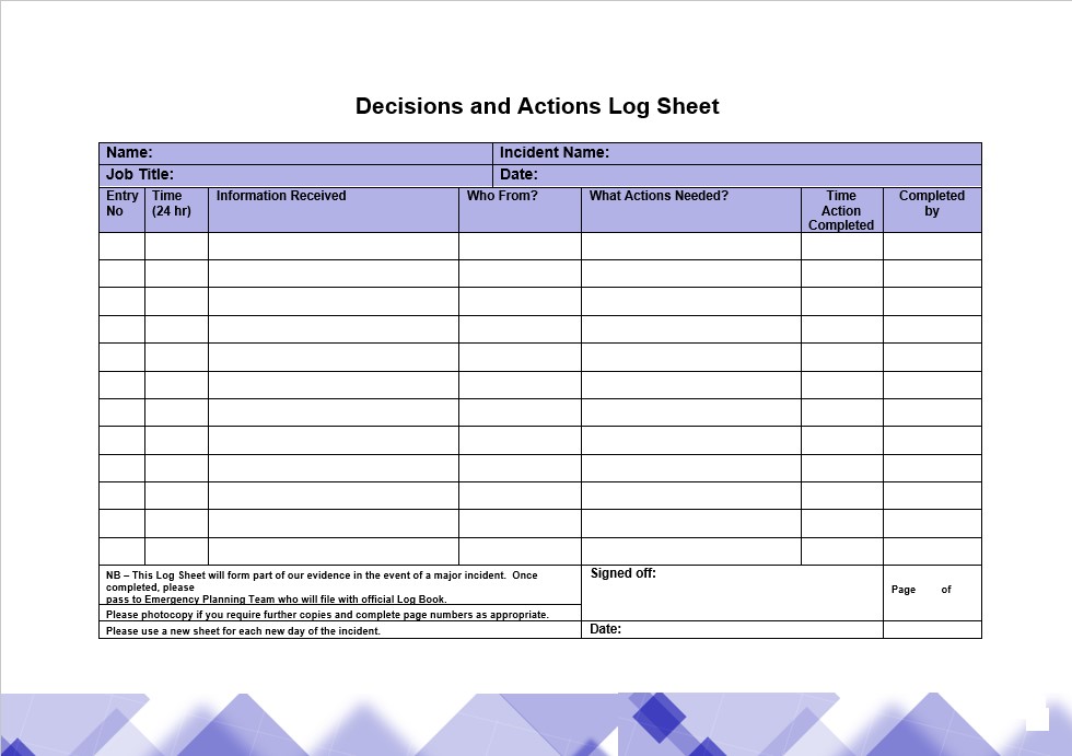 decisions and action Log Sheet
