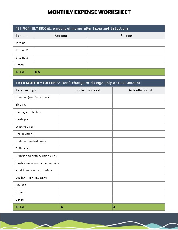 monthly expense Worksheet