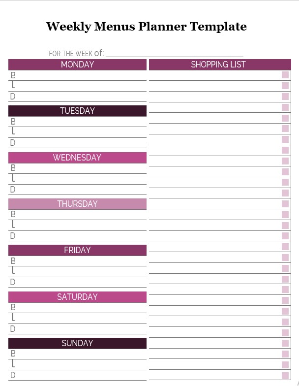 weekly menus planner template