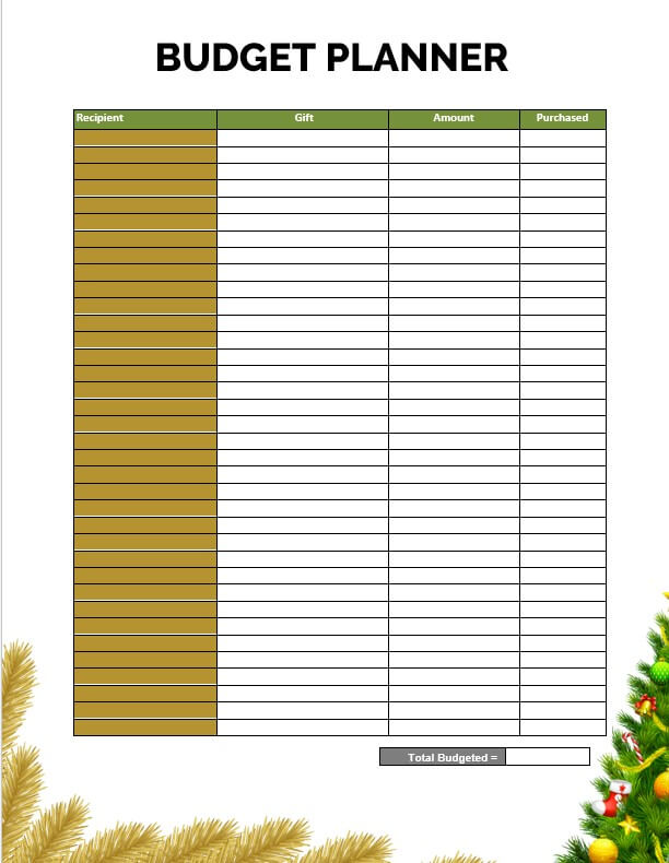 Christmas Gifts Budget Worksheet 1