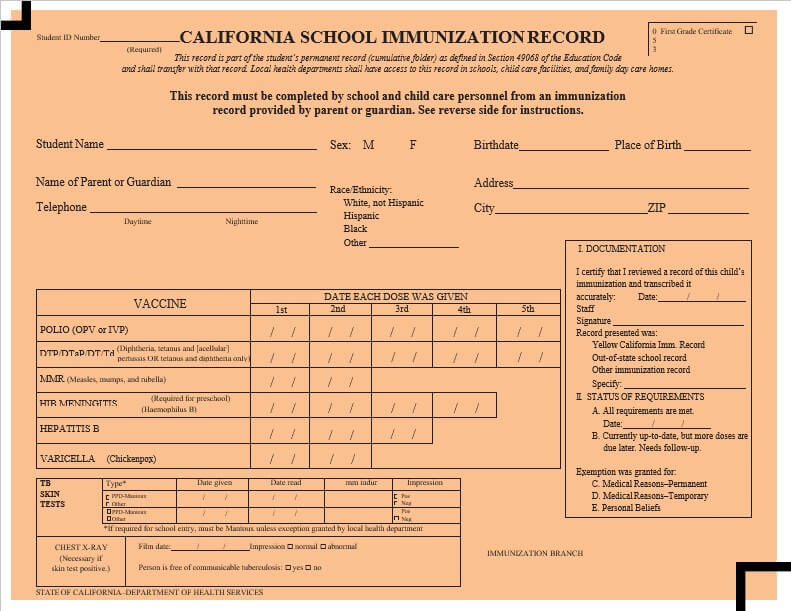 Example california immunization card