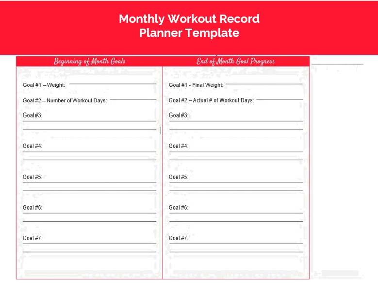 Monthly Workout Record Planner Template