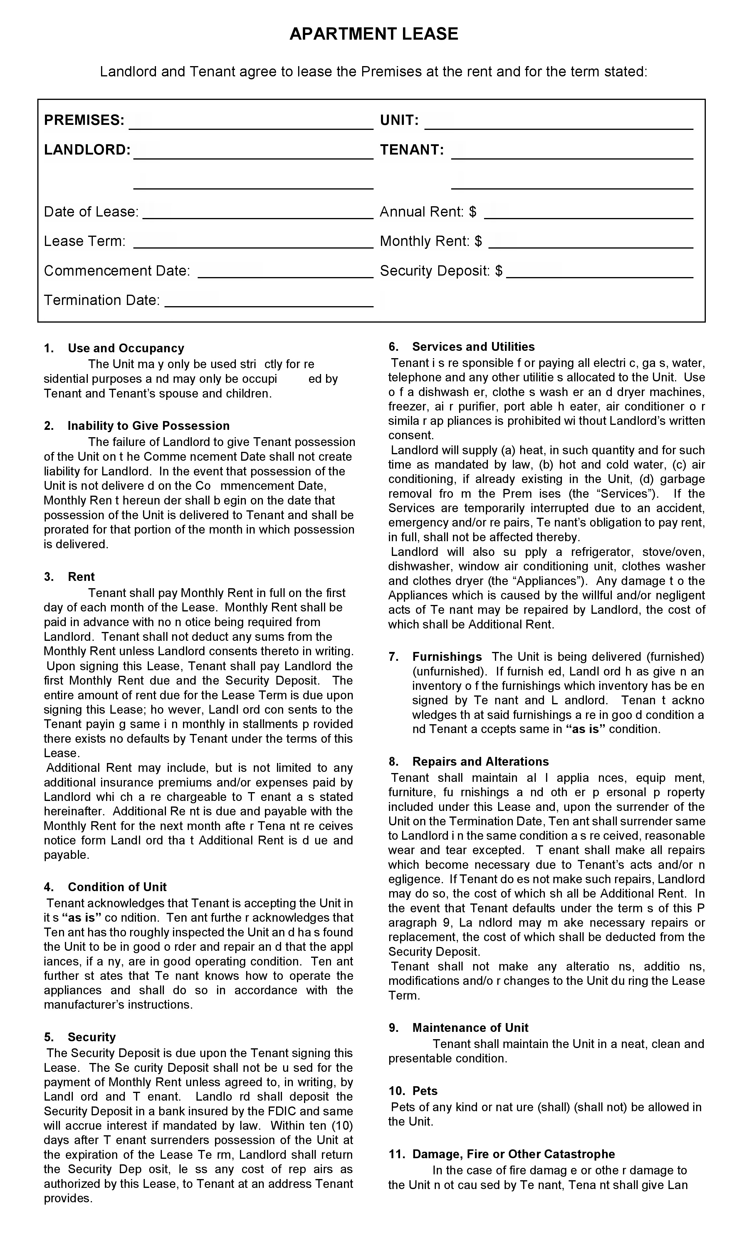 Apartment Lease Agreement Free Printable room