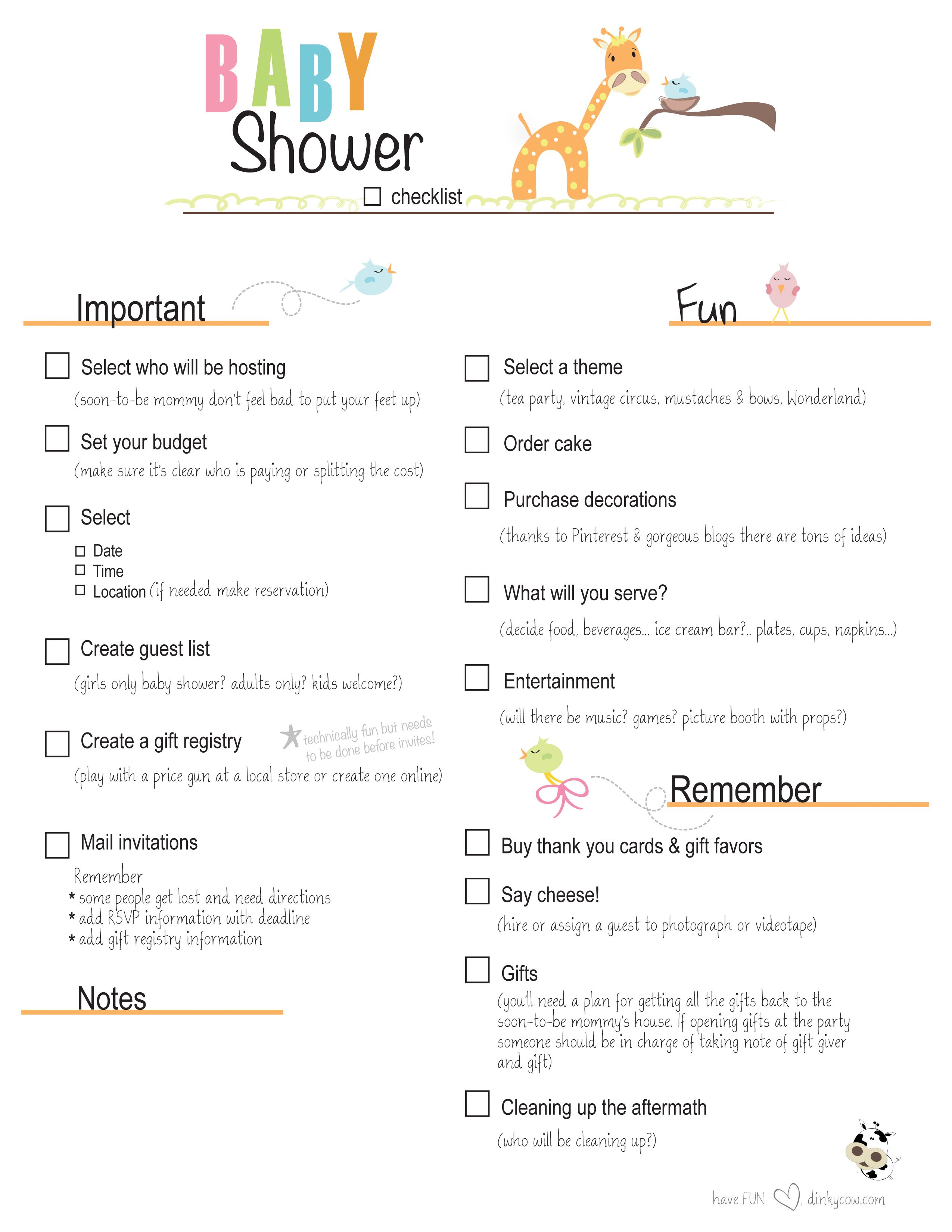 Checklist For Baby Shower