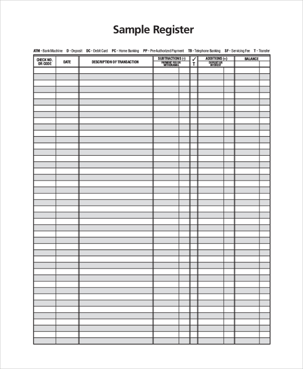 Bank Register Printable room