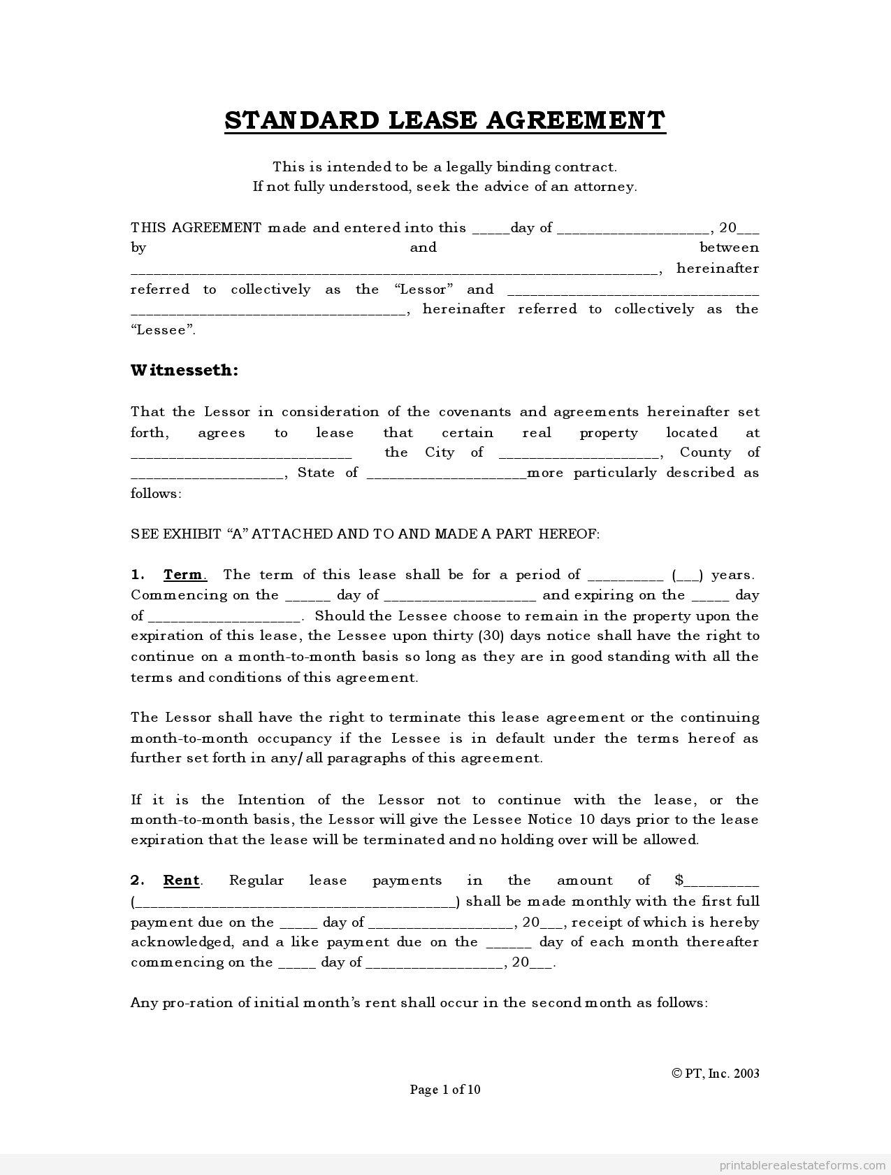 Blank Printable Lease Agreement