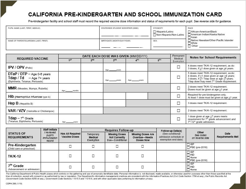 california immunization card template