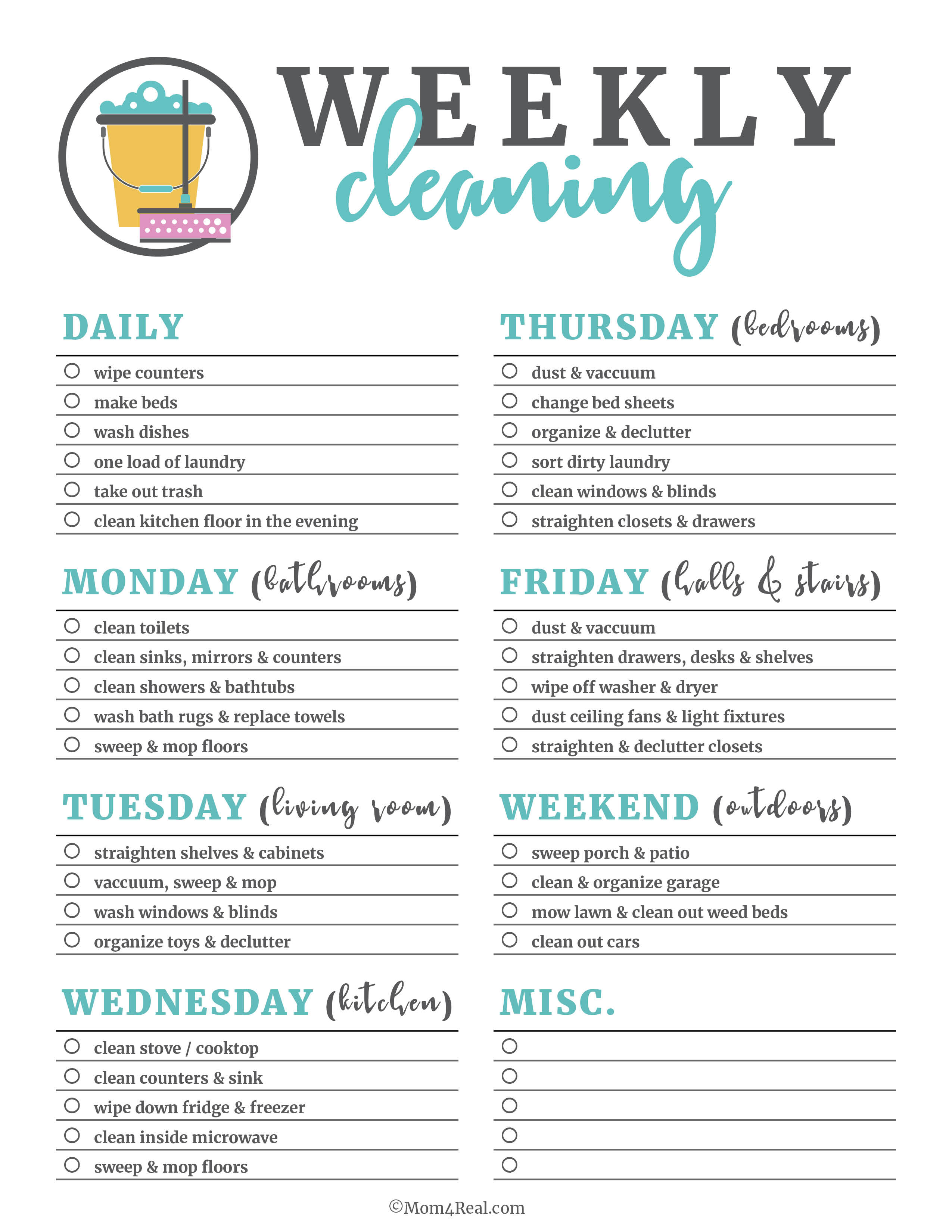Printable Cleaning Checklists for Daily, Weekly and Monthly Cleaning