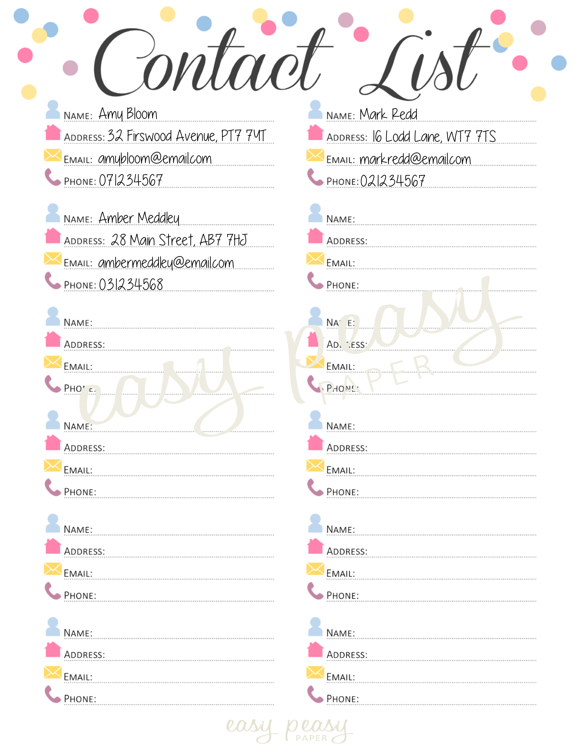 Contact List printable from @Easy Peasy Paper #easypeasypaper 
