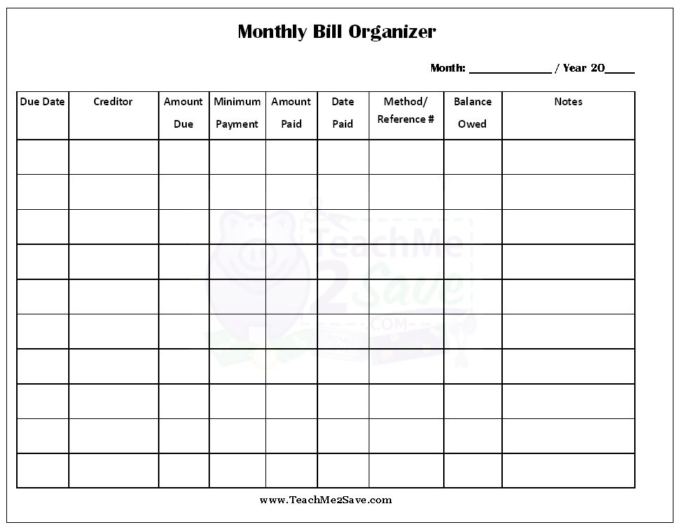 Create A Printable Monthly Bill Organizer room surf com