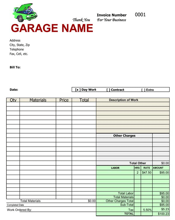 Free Printable Auto Repair Invoice Template Room Surf Com