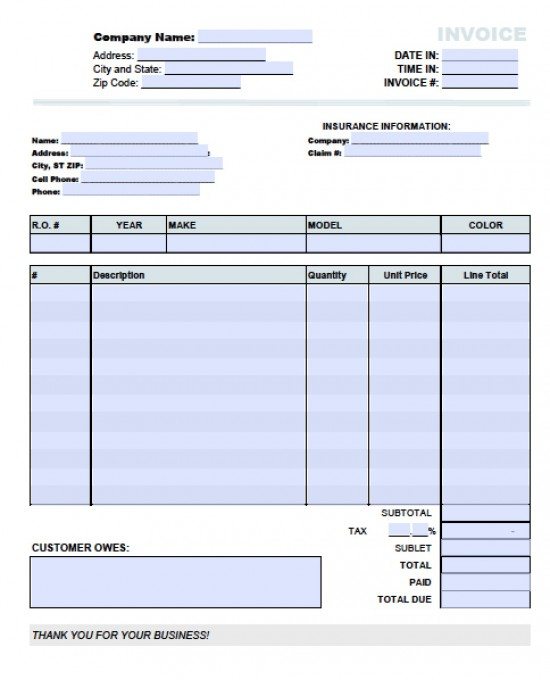 Free Printable Auto Repair Invoice Template Room Surf