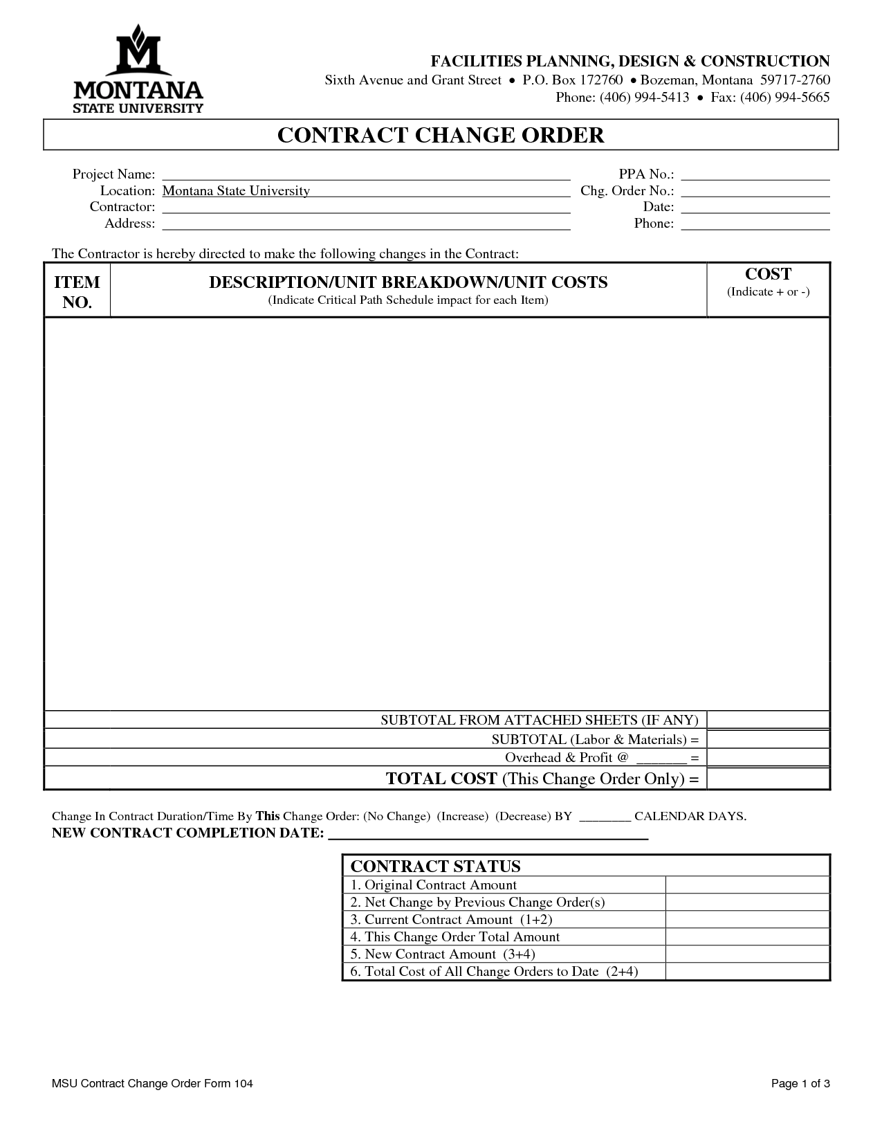 Construction Change Order Form Template Excel