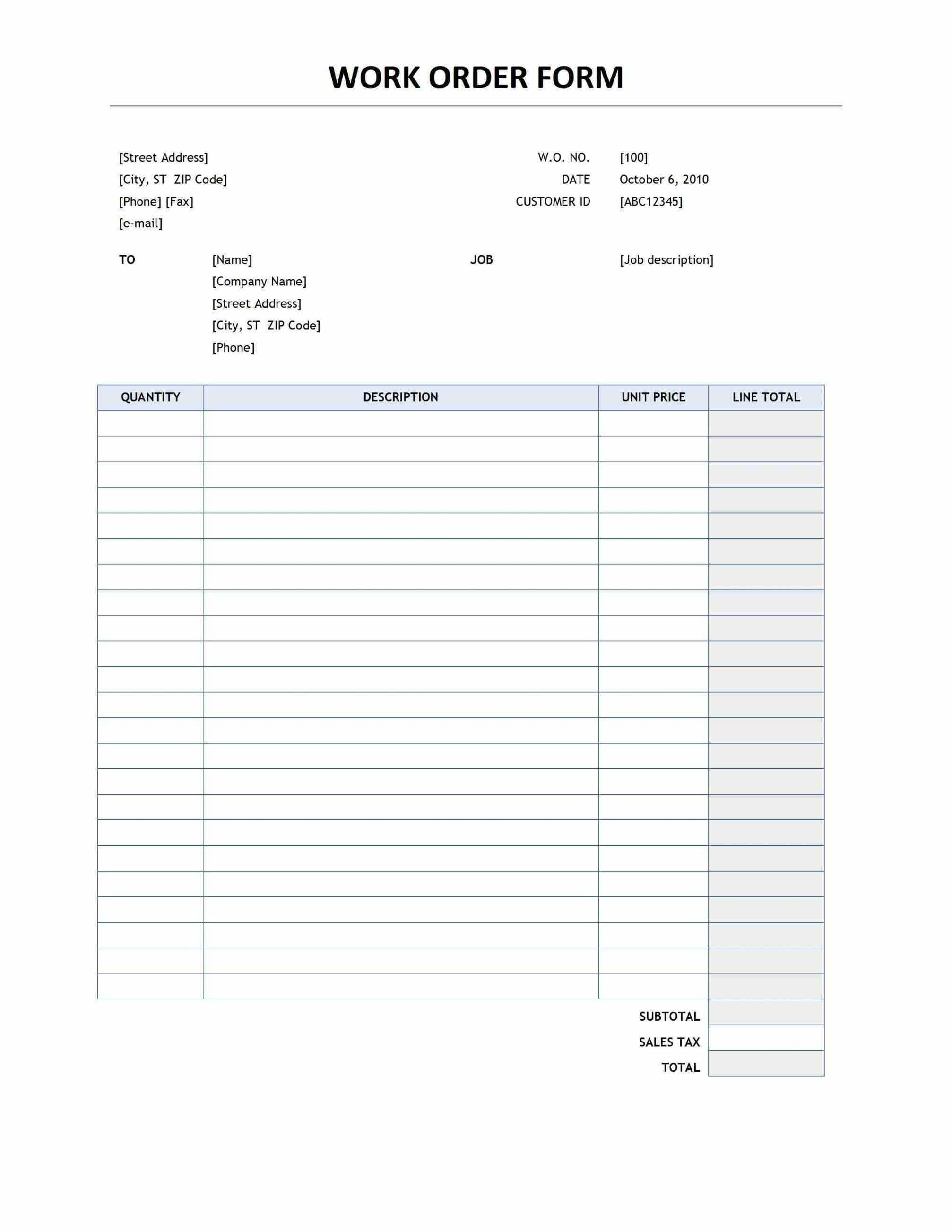 Free Printable Work Order Template | room surf.com