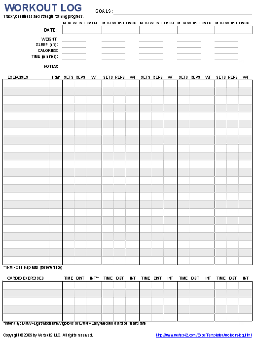 Free Printable Workout Log and Blank Workout Log Template