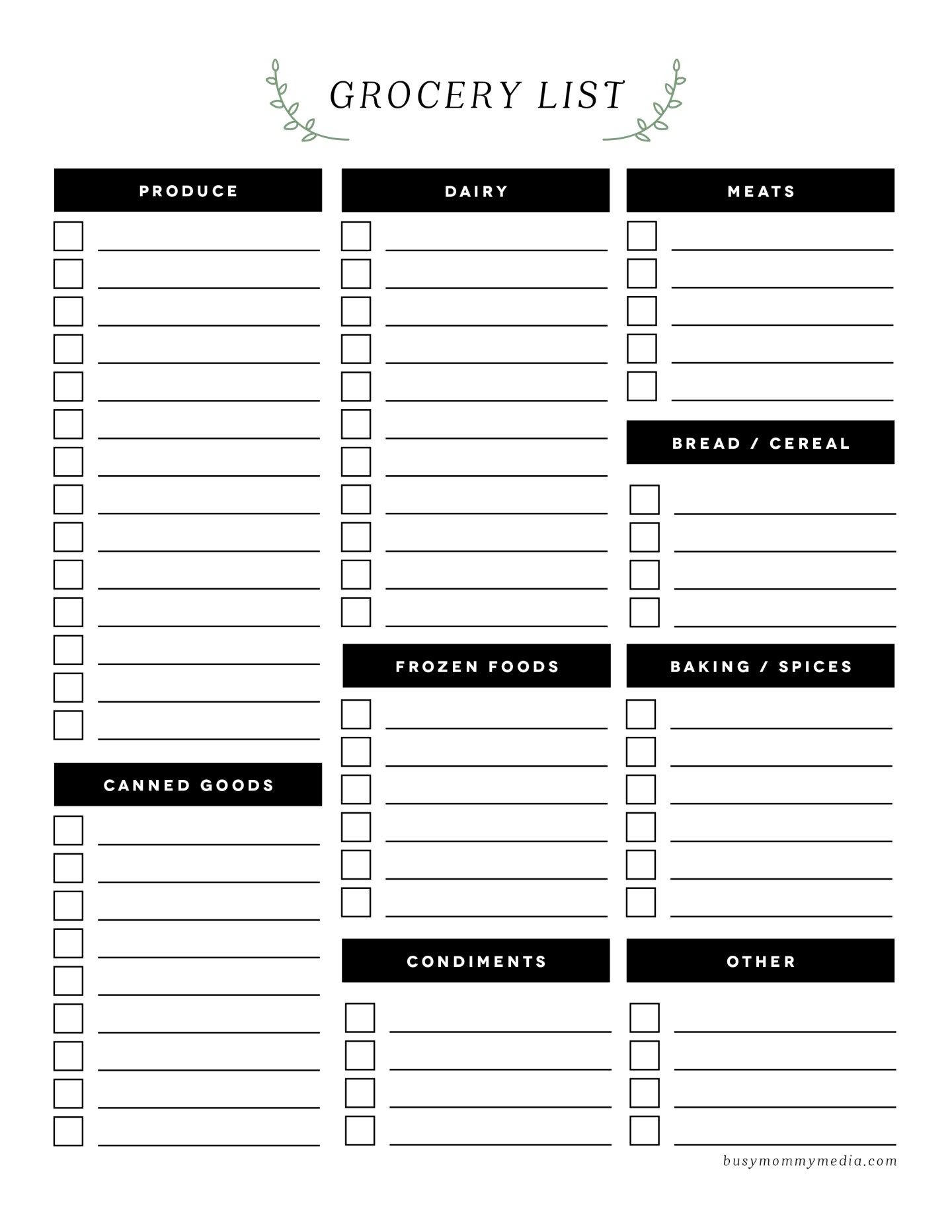 Blank Grocery Shopping List With Categories