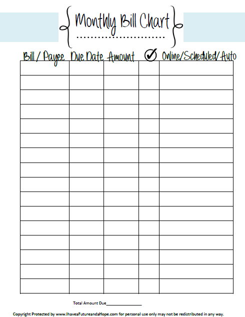 Monthly Bill Planner Printable Room Surf