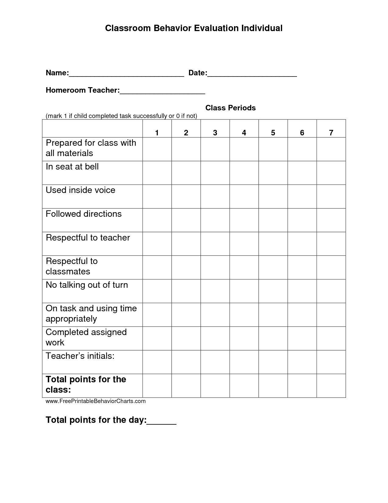 Free Printable Behavior Charts For Teachers