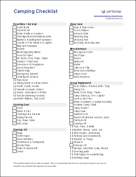 Camping Checklist Template   Printable Camping Check List