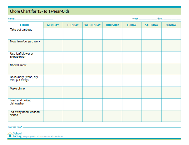 Printable Chore Charts For Teens Room Surf