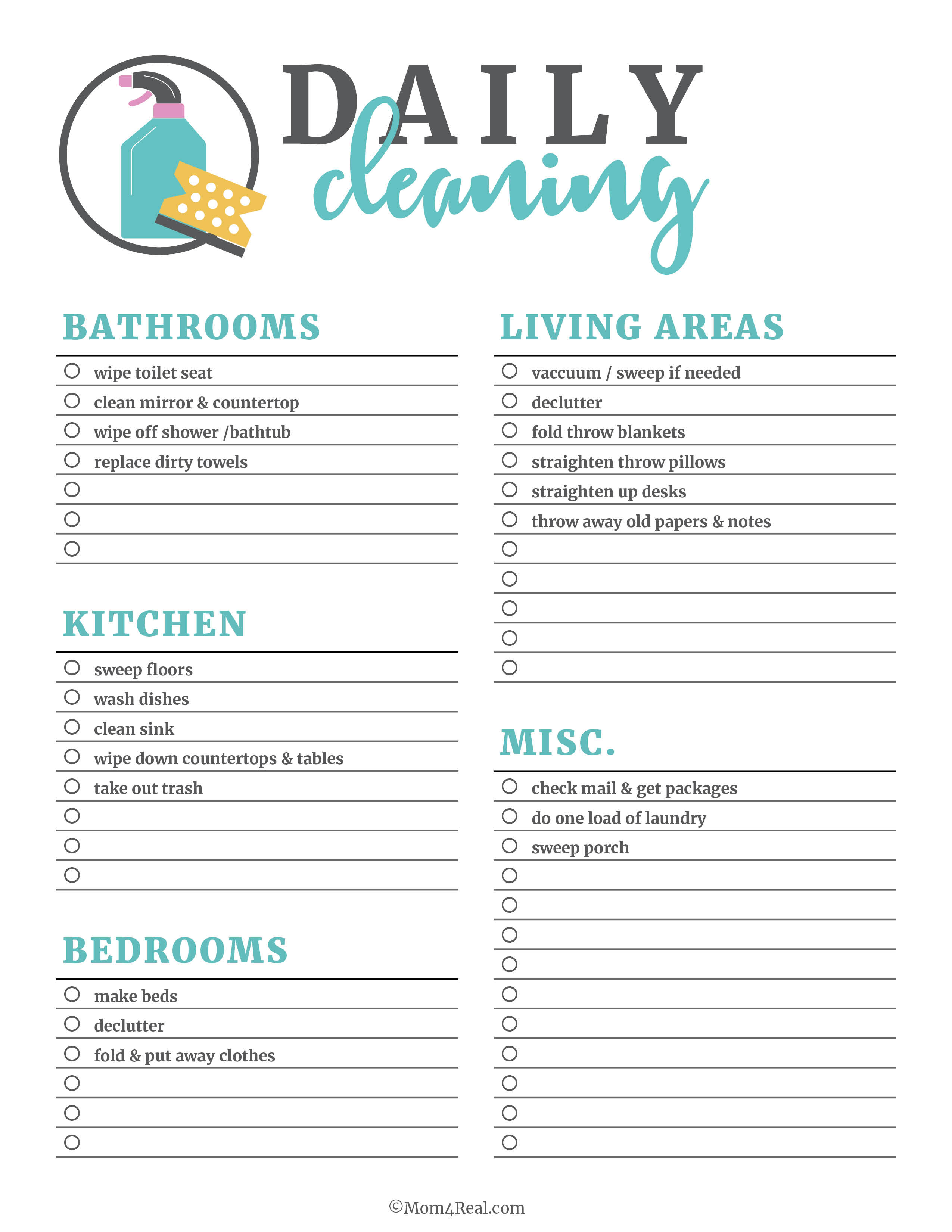 Printable Cleaning Checklists for Daily, Weekly and Monthly Cleaning Printable Cleaning Checklists for Daily, Weekly and Monthly Cleaning
