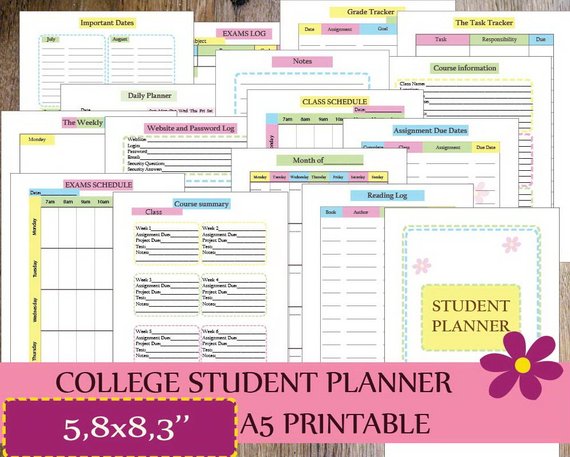 2018 College Student Planner A5 Planner Printable Filofax | Etsy