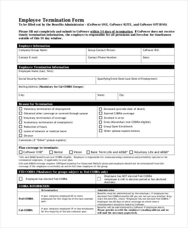 8+ Employee Termination Form Samples   Free Sample, Example Format 